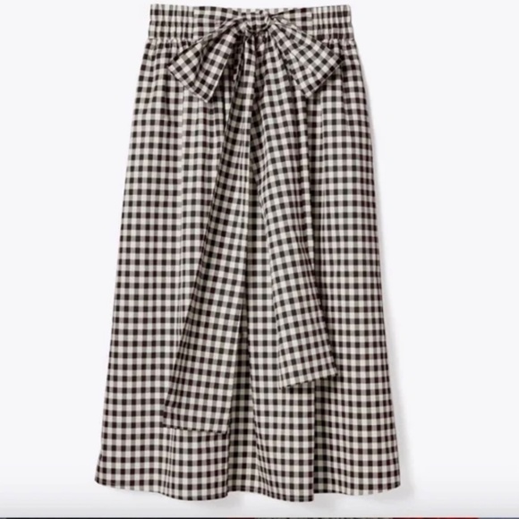 Tory Burch Black White Gingham Midi Skirt Small Cotton Tie Waist Pockets NWOT - Picture 2 of 10